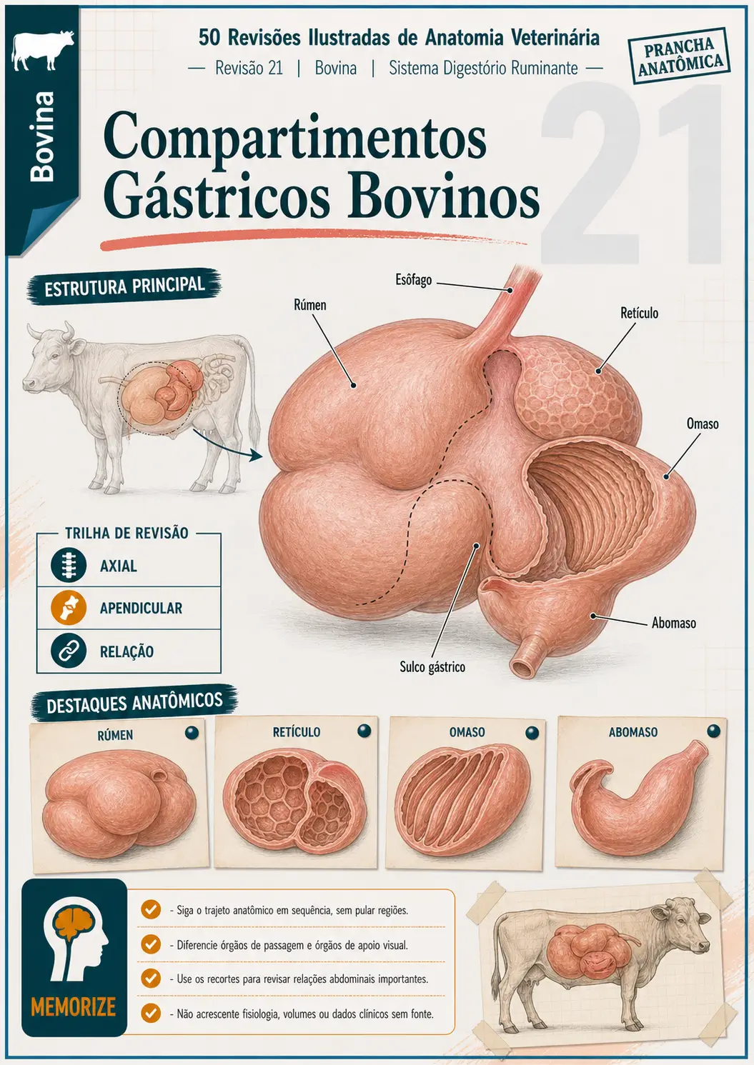 Prévia de revisão ilustrada dos compartimentos gástricos bovinos