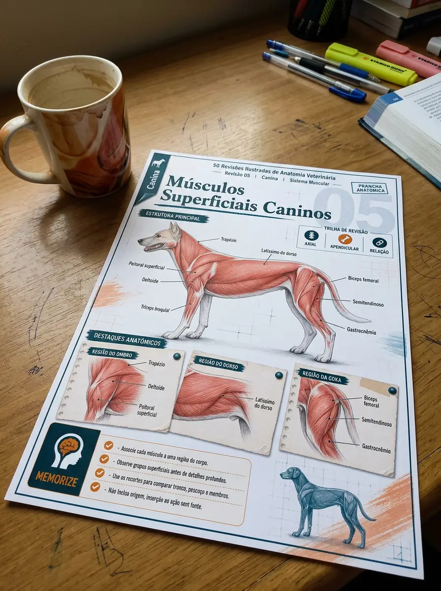 Prancha de músculos superficiais caninos sobre mesa de estudos