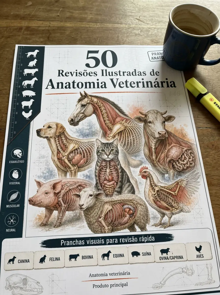 Capa das 50 Revisões Ilustradas de Anatomia Veterinária sobre mesa